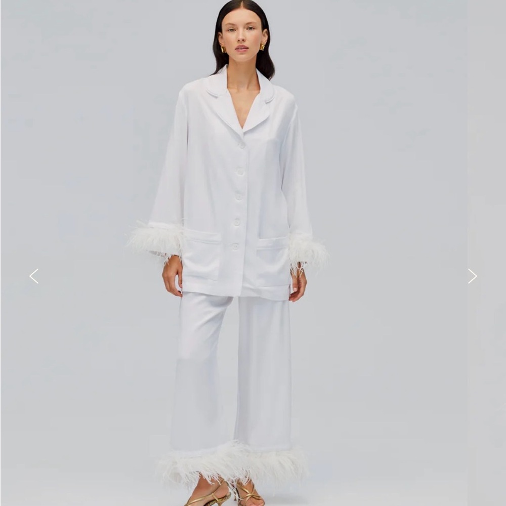Sleeper White Feather-Trim Satin Pajama Set